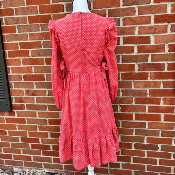 Vintage Candi Jones California Red Floral Print Long Sleeve Dress Ruffles Lace - Picture 7 of 9